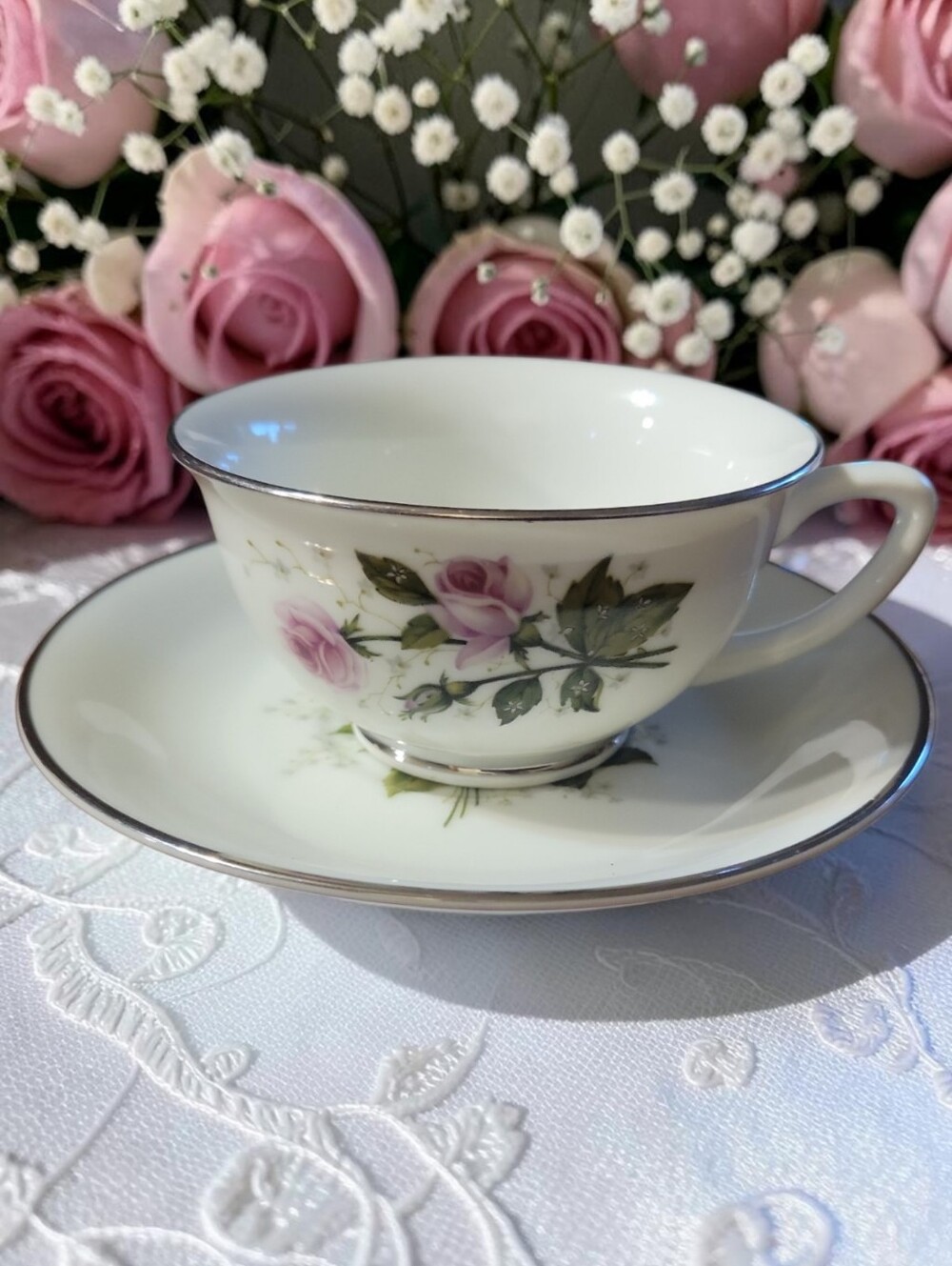 Vtg 1986 Tea Coffee Cup Saucer RSO1 Royal Sovereign USA Pink Roses Baby's Breath